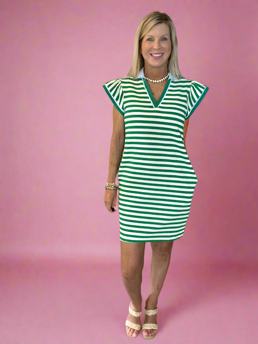 Green Striped Ruffle Short Sleeve Pop of Color Neckline Dress