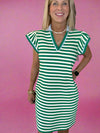 Green Striped Ruffle Short Sleeve Pop of Color Neckline Dress