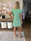 Green Striped Ruffle Short Sleeve Pop of Color Neckline Dress