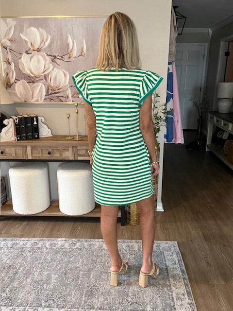 Green Striped Ruffle Short Sleeve Pop of Color Neckline Dress