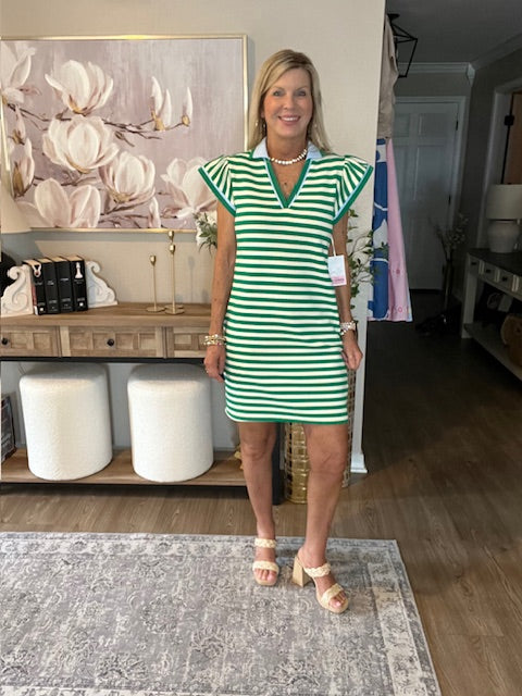 Green Striped Ruffle Short Sleeve Pop of Color Neckline Dress