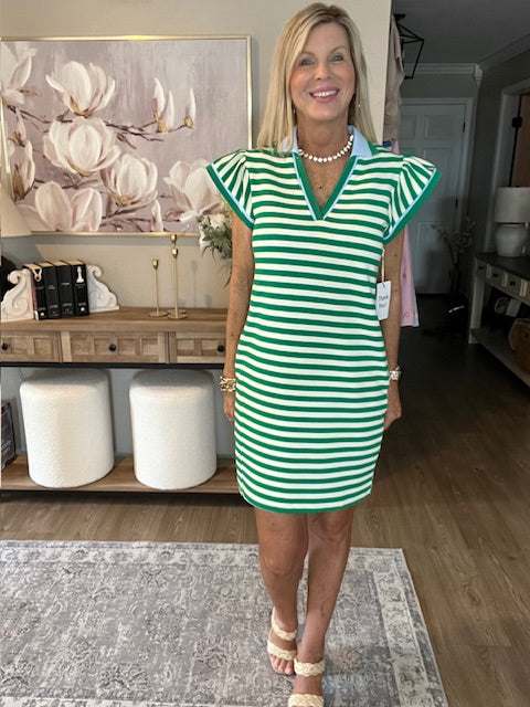 Green Striped Ruffle Short Sleeve Pop of Color Neckline Dress