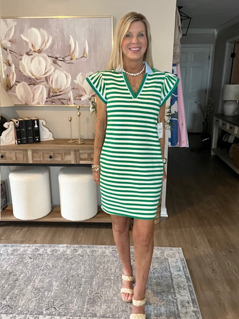 Green Striped Ruffle Short Sleeve Pop of Color Neckline Dress