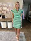Green Striped Ruffle Short Sleeve Pop of Color Neckline Dress