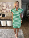 Green Striped Ruffle Short Sleeve Pop of Color Neckline Dress