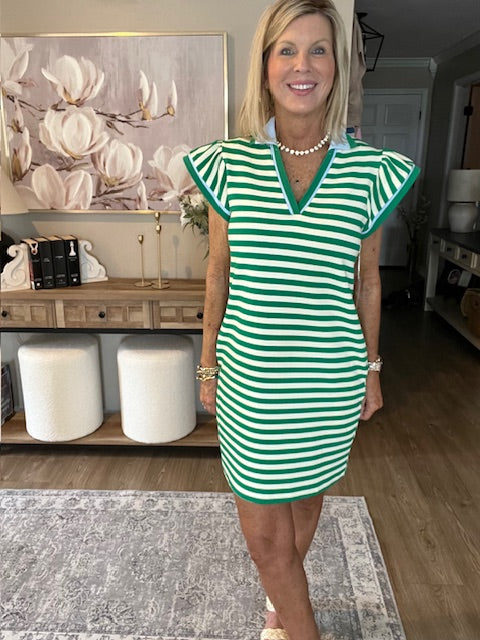 Green Striped Ruffle Short Sleeve Pop of Color Neckline Dress