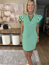 Green Striped Ruffle Short Sleeve Pop of Color Neckline Dress