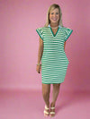 Green Striped Ruffle Short Sleeve Pop of Color Neckline Dress