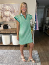 Green Striped Ruffle Short Sleeve Pop of Color Neckline Dress