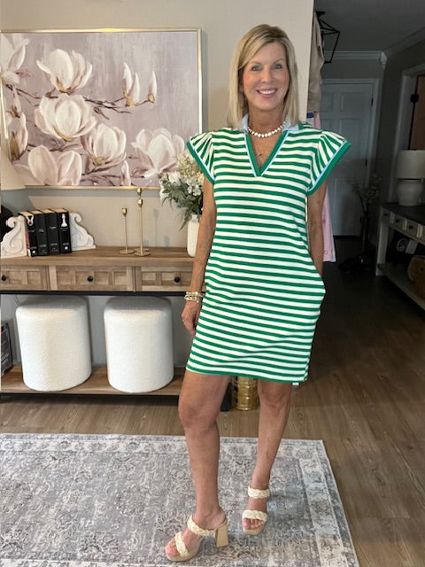 Green Striped Ruffle Short Sleeve Pop of Color Neckline Dress