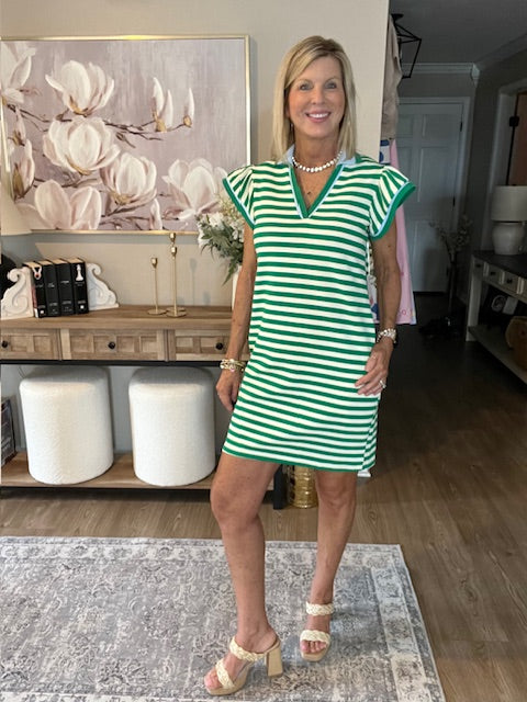 Green Striped Ruffle Short Sleeve Pop of Color Neckline Dress