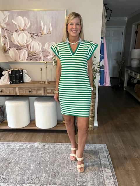 Green Striped Ruffle Short Sleeve Pop of Color Neckline Dress