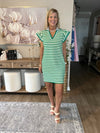 Green Striped Ruffle Short Sleeve Pop of Color Neckline Dress