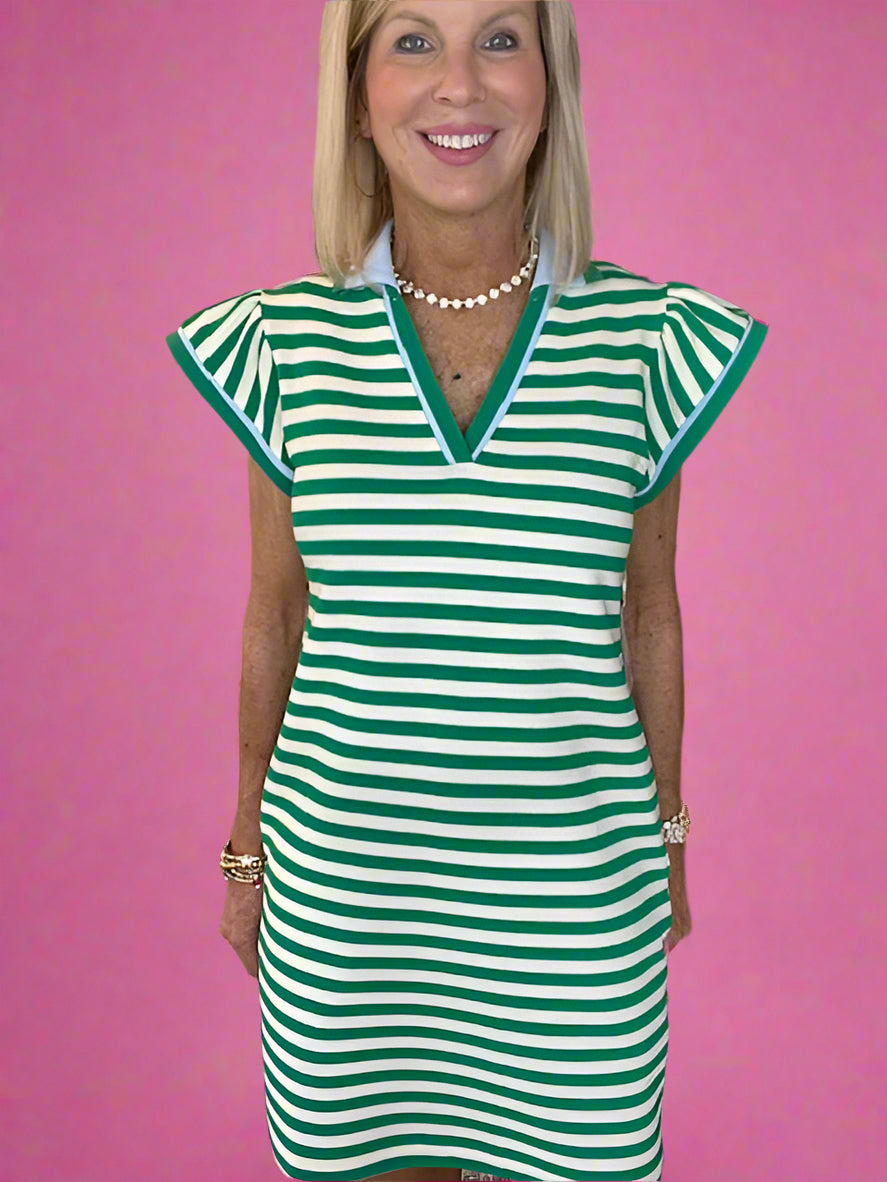 Green Striped Ruffle Short Sleeve Pop of Color Neckline Dress