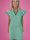 Green Striped Ruffle Short Sleeve Pop of Color Neckline Dress