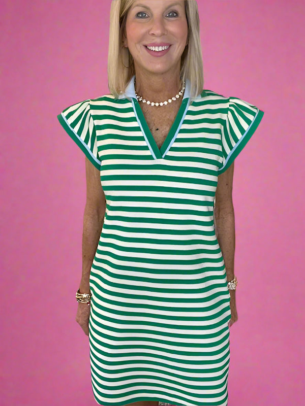 Green Striped Ruffle Short Sleeve Pop of Color Neckline Dress