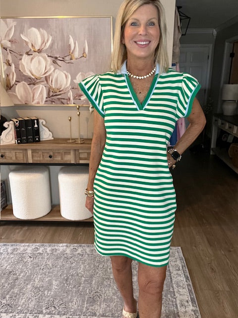 Green Striped Ruffle Short Sleeve Pop of Color Neckline Dress
