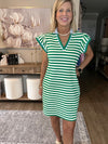 Green Striped Ruffle Short Sleeve Pop of Color Neckline Dress
