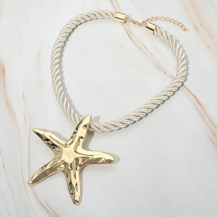 Hammered Starfish Pendant Rope Necklace