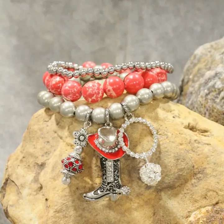 Hats Off/Boots On Red Stretch Bracelet Set