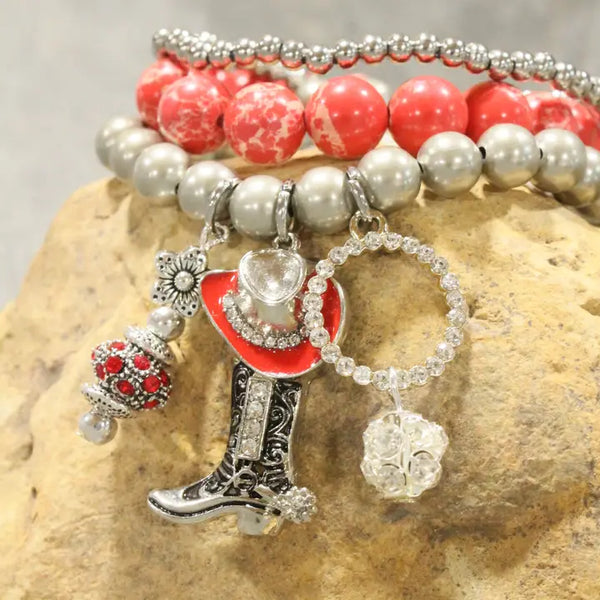 Hats Off/Boots On Red Stretch Bracelet Set