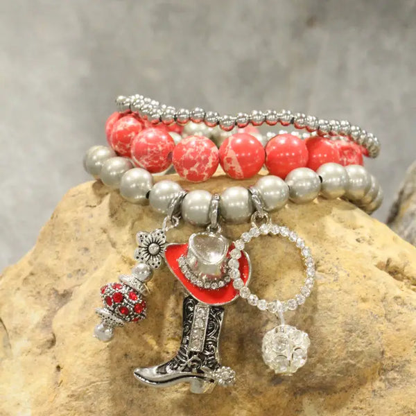 Hats Off/Boots On Red Stretch Bracelet Set