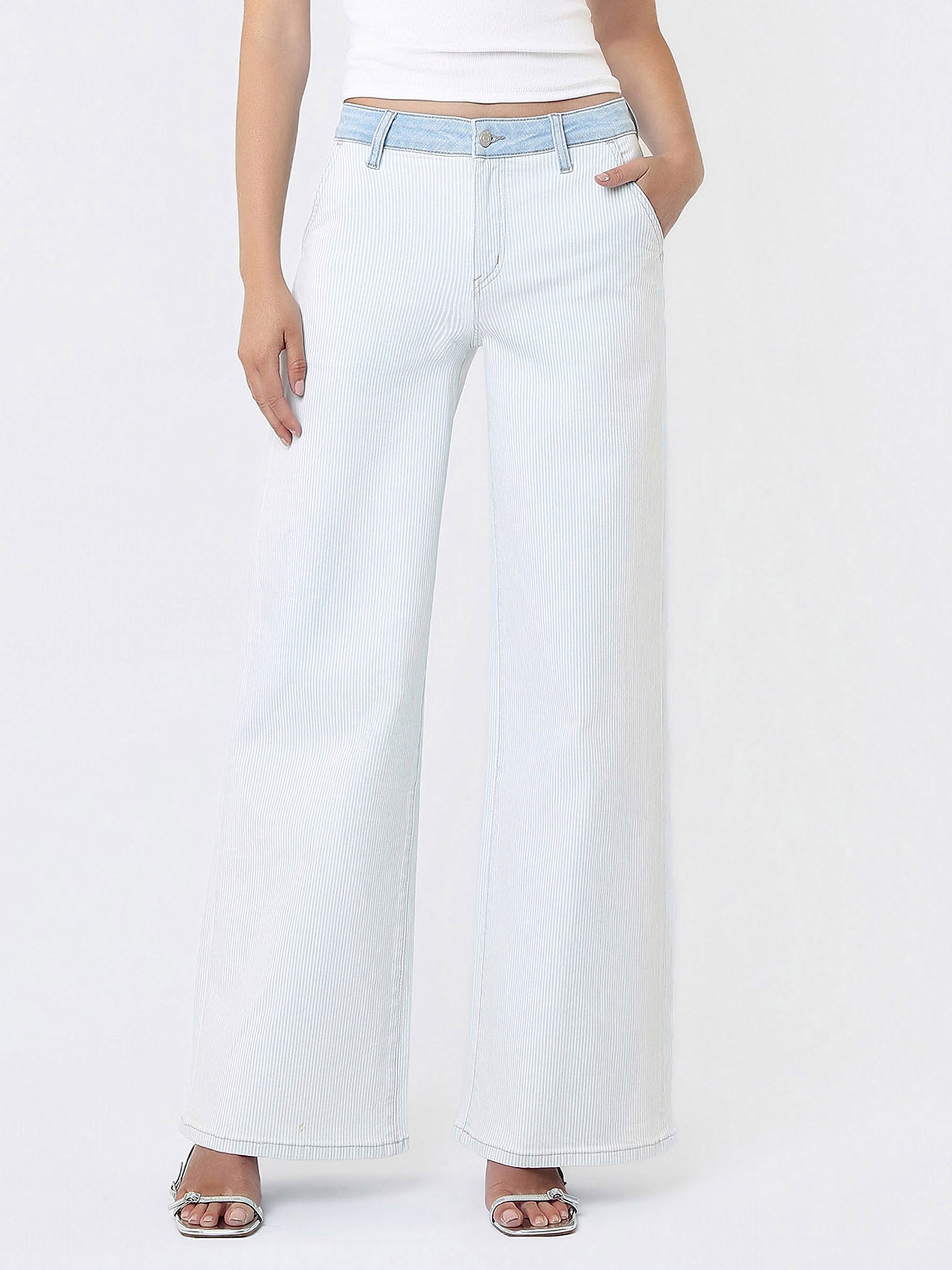 High Rise Contrast Wb Striped Wide Leg Jeans Vervet