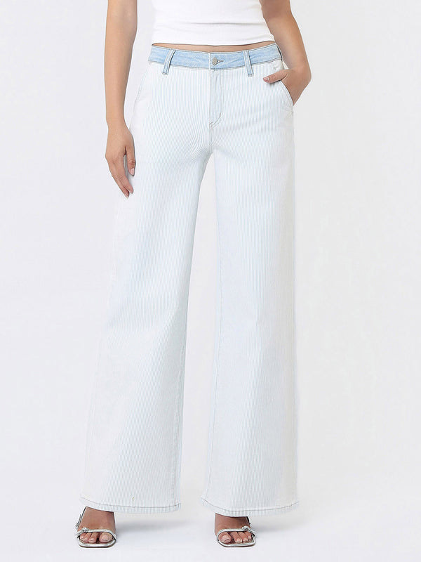High Rise Contrast Wb Striped Wide Leg Jeans Vervet