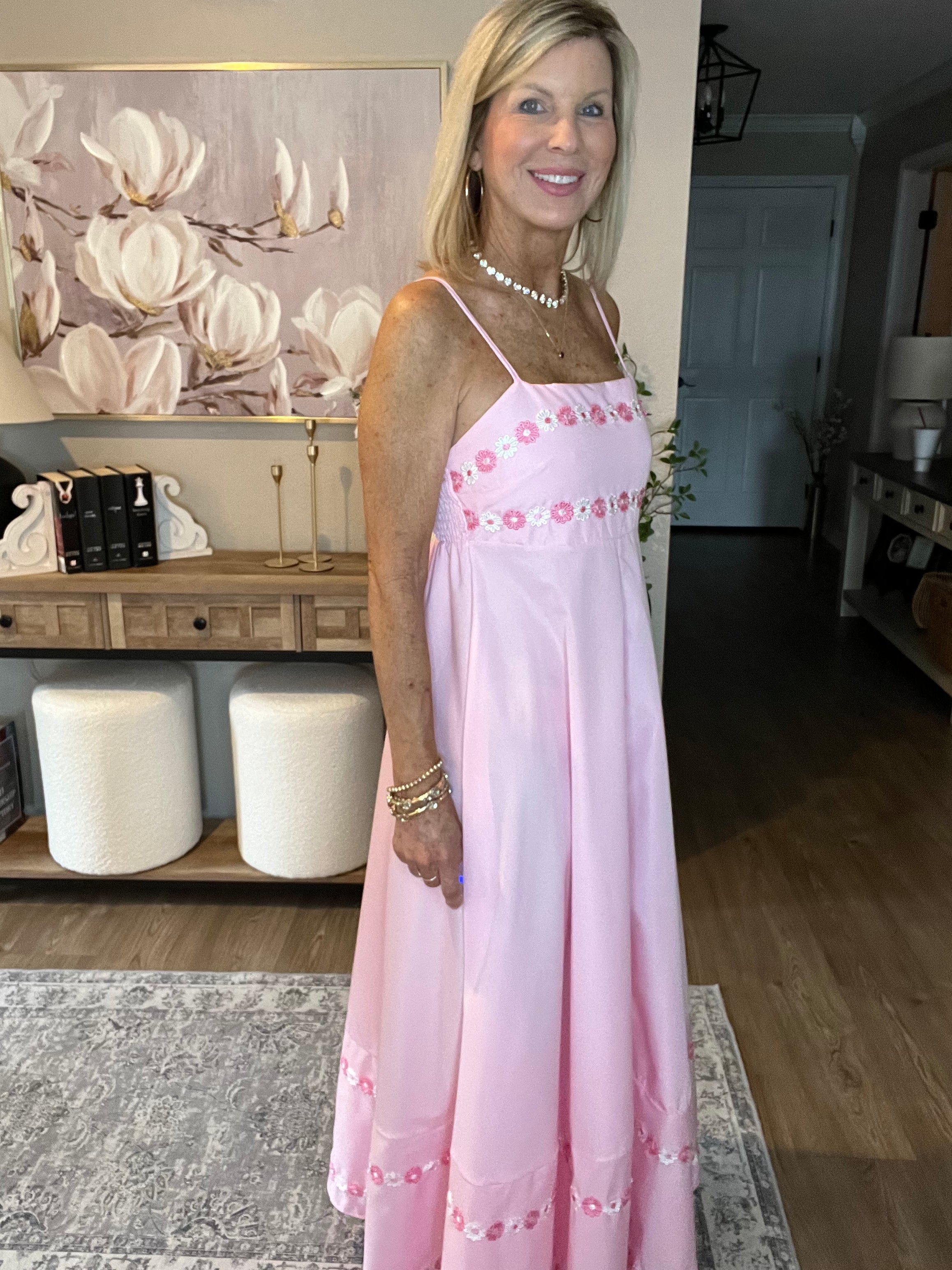 Spaghetti Strap Dresses 3D Flower Design Pink