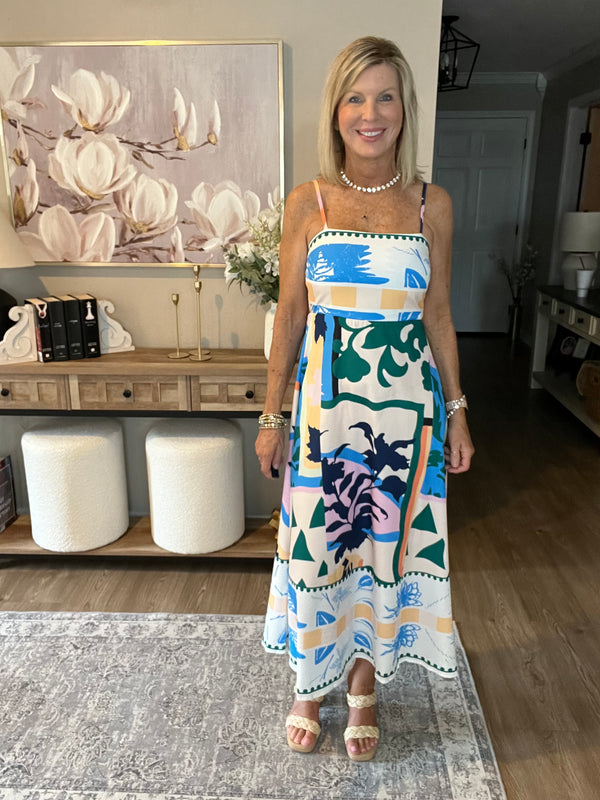 Floral & Geometric Print Midi Dress Blue