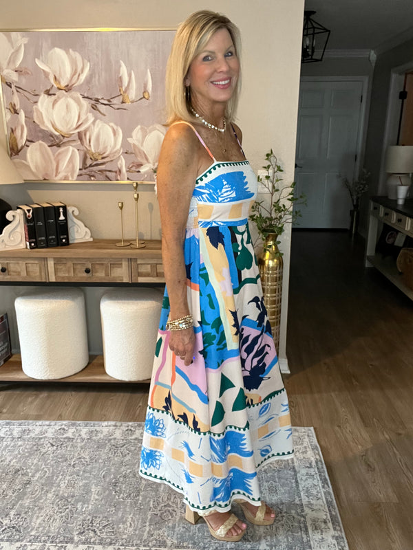 Floral & Geometric Print Midi Dress Blue