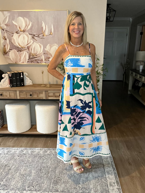 Floral & Geometric Print Midi Dress Blue
