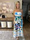 Floral & Geometric Print Midi Dress Blue