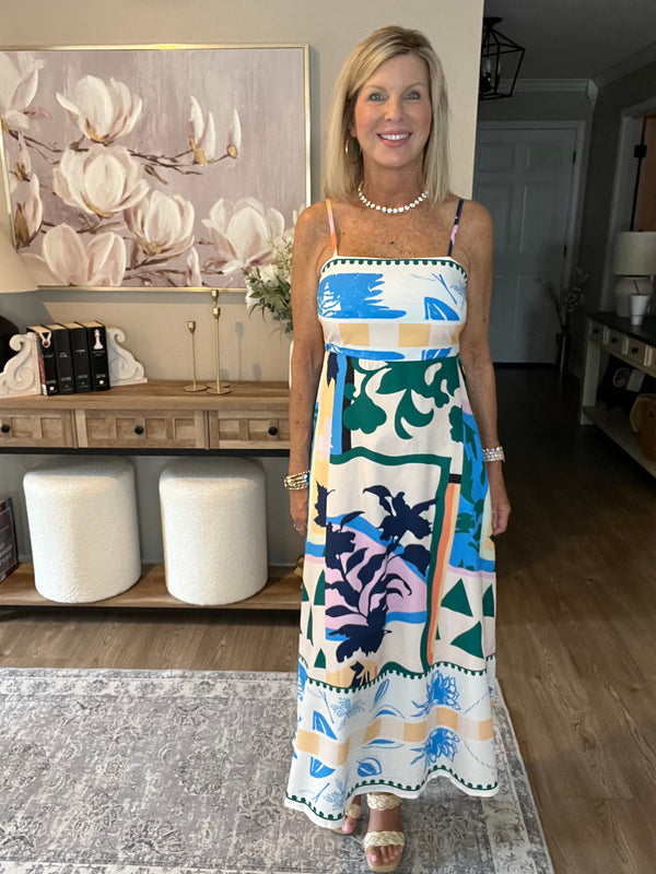 Floral & Geometric Print Midi Dress Blue
