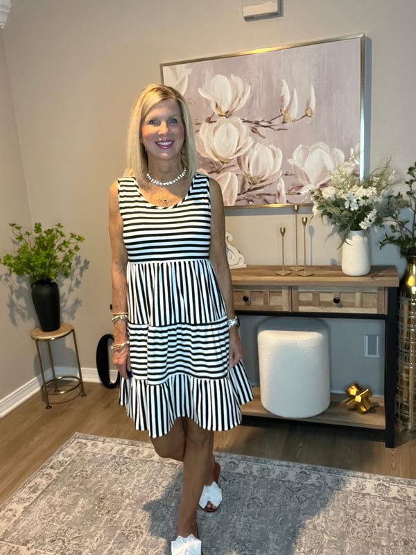 Black Stripe U Neck Sleeveless Loose Fit Mini Dress