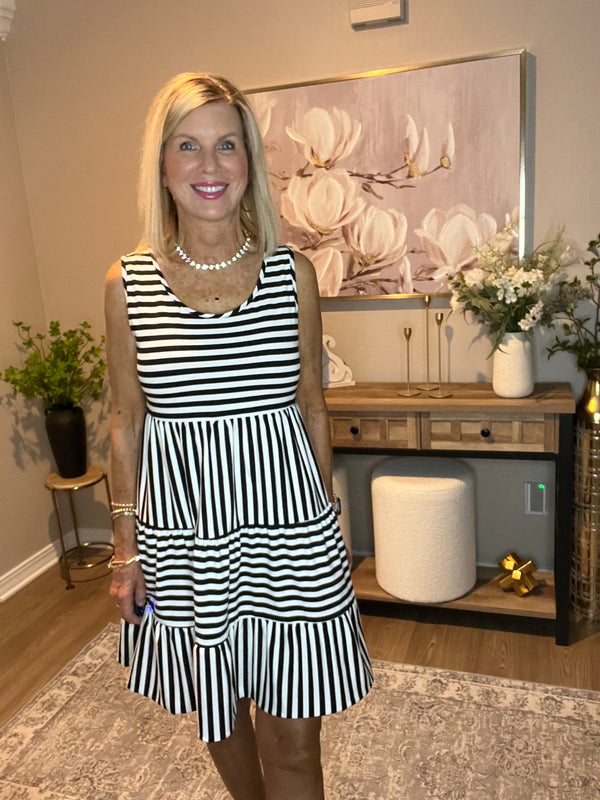 Black Stripe U Neck Sleeveless Loose Fit Mini Dress