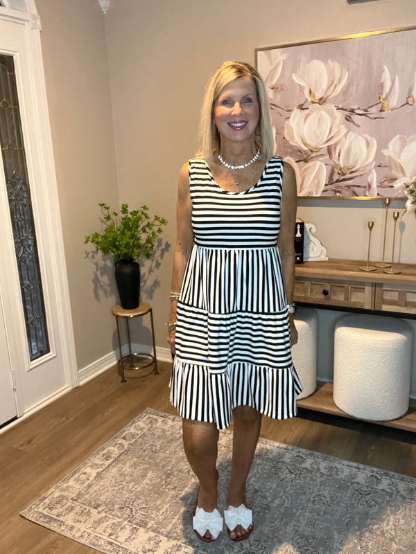 Black Stripe U Neck Sleeveless Loose Fit Mini Dress