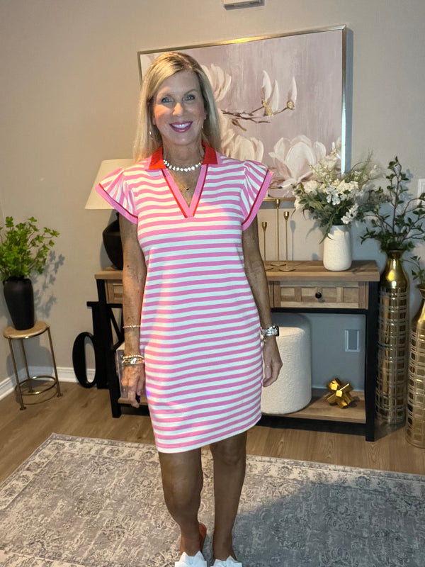 Sachet Pink Striped Ruffle Short Sleeve Pop of Color Neckline Dress