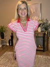 Sachet Pink Striped Ruffle Short Sleeve Pop of Color Neckline Dress
