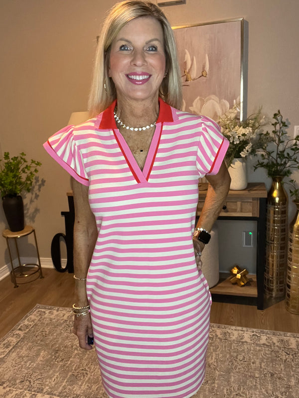 Sachet Pink Striped Ruffle Short Sleeve Pop of Color Neckline Dress