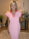 Sachet Pink Striped Ruffle Short Sleeve Pop of Color Neckline Dress