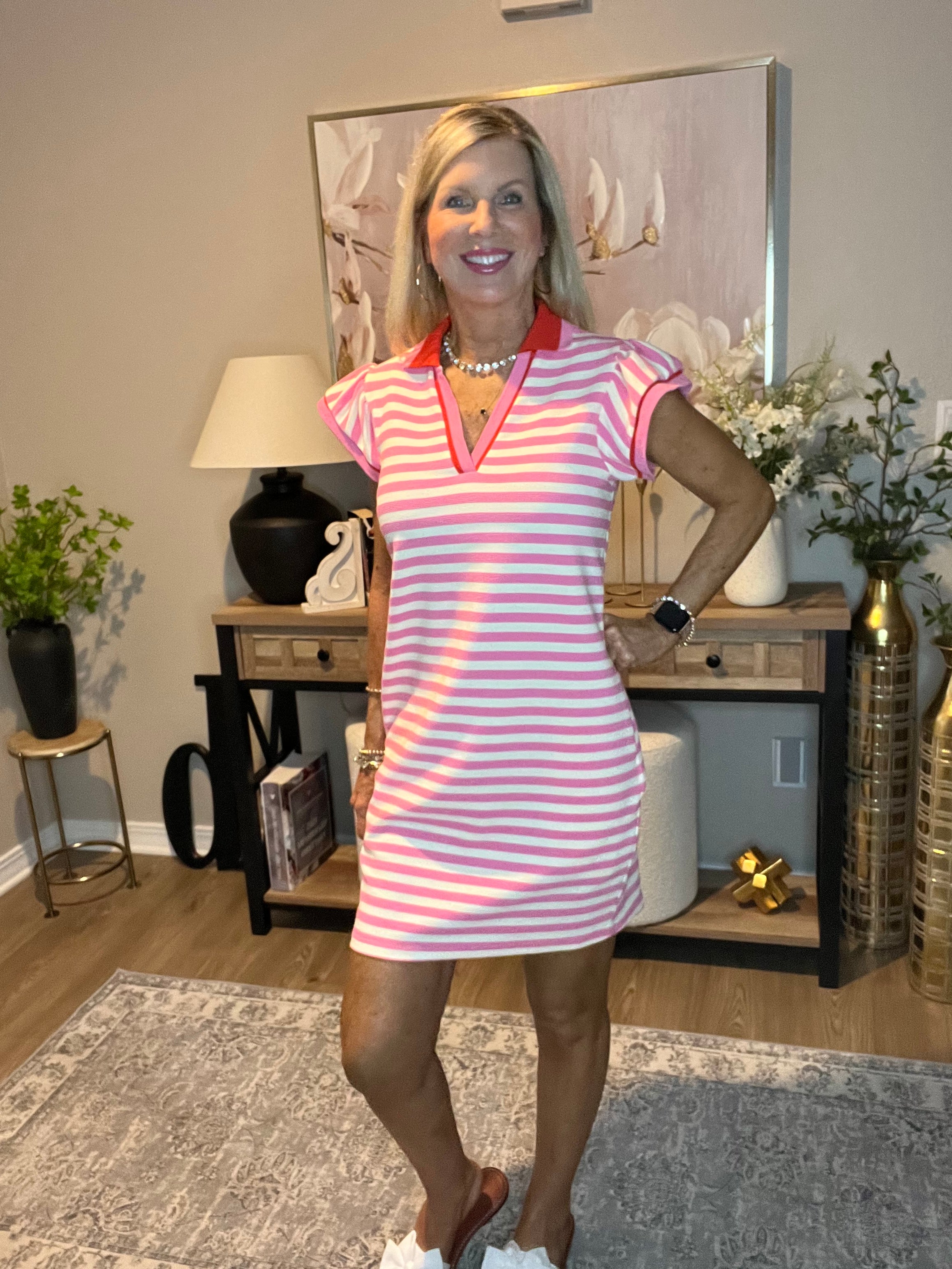 Sachet Pink Striped Ruffle Short Sleeve Pop of Color Neckline Dress