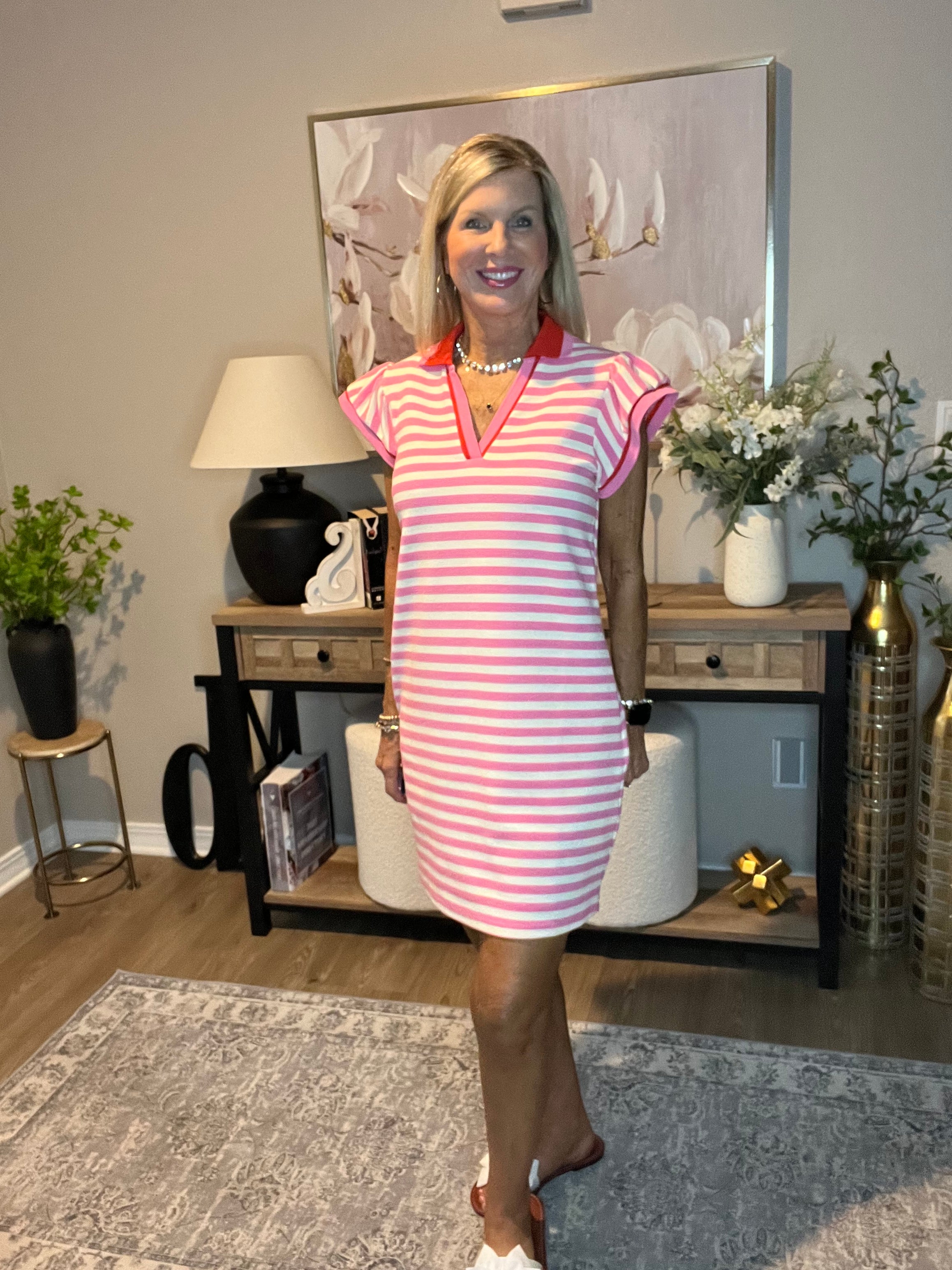 Sachet Pink Striped Ruffle Short Sleeve Pop of Color Neckline Dress