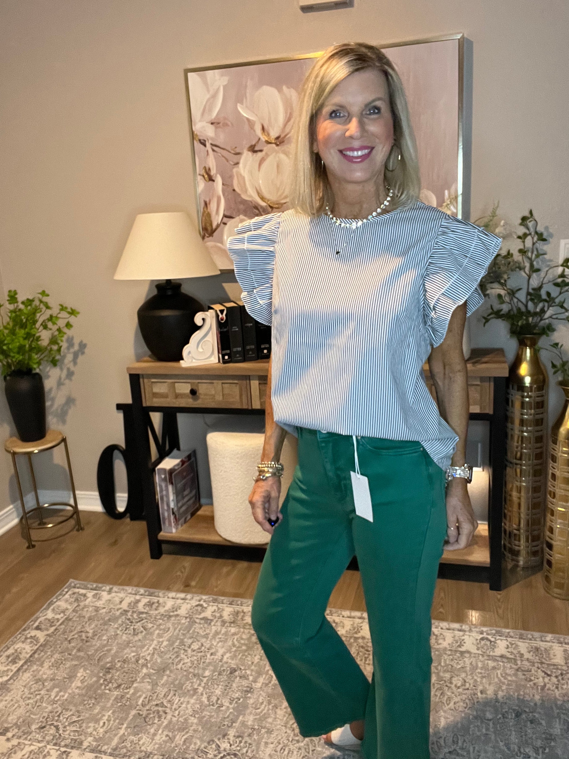 Round Neck Casual Ruffle Sleeve Striped Top