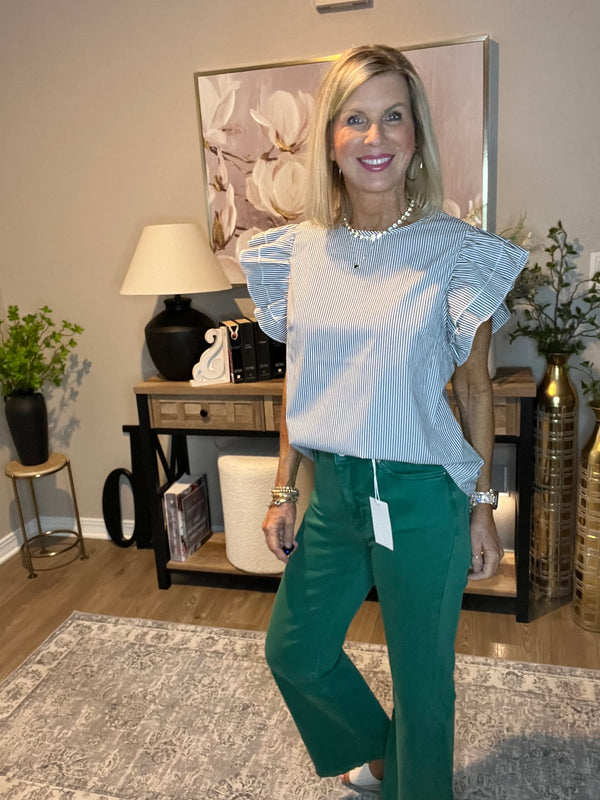 Round Neck Casual Ruffle Sleeve Striped Top