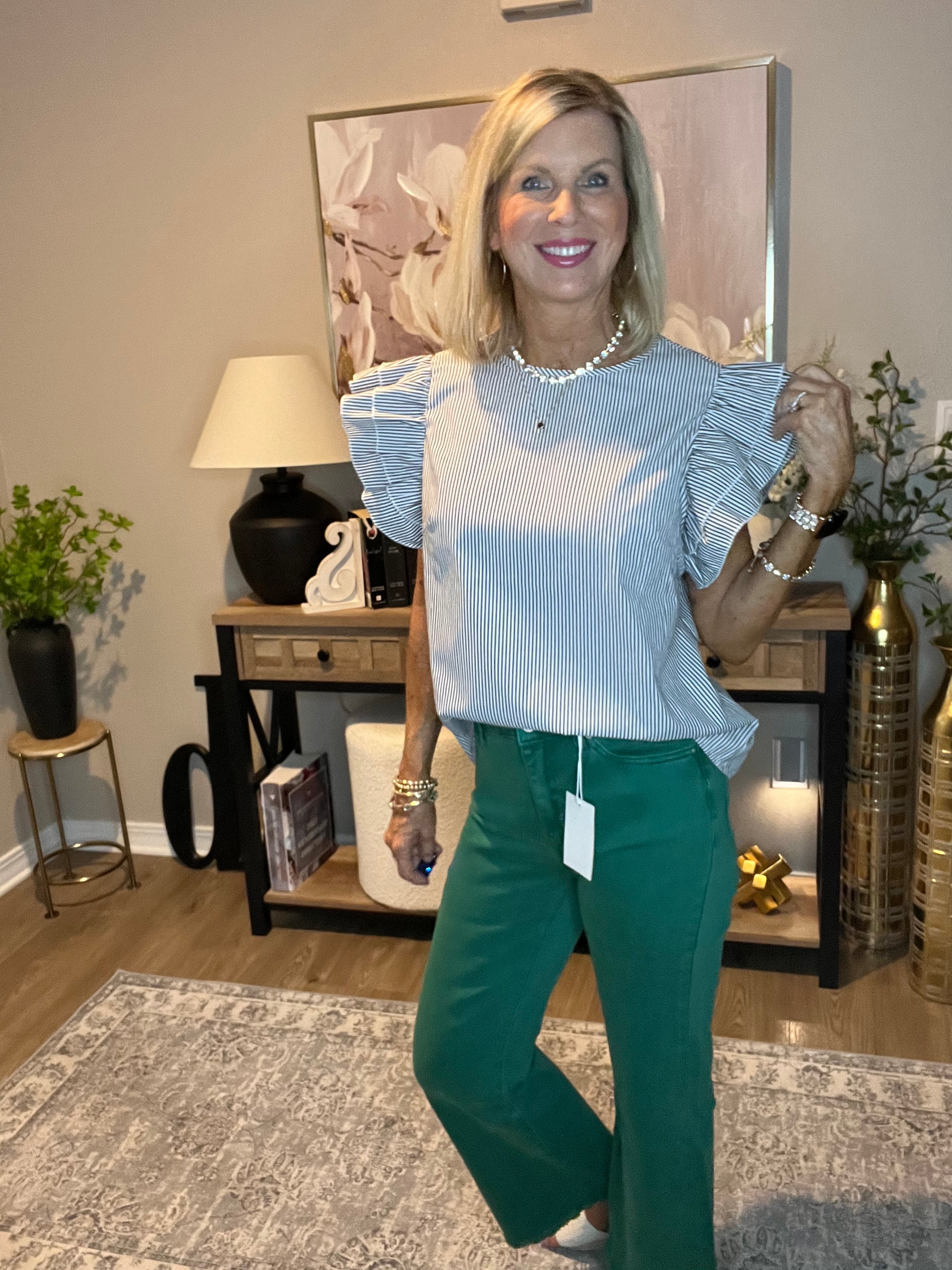 Round Neck Casual Ruffle Sleeve Striped Top