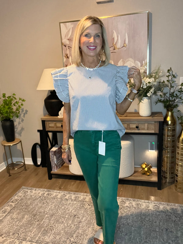 Round Neck Casual Ruffle Sleeve Striped Top