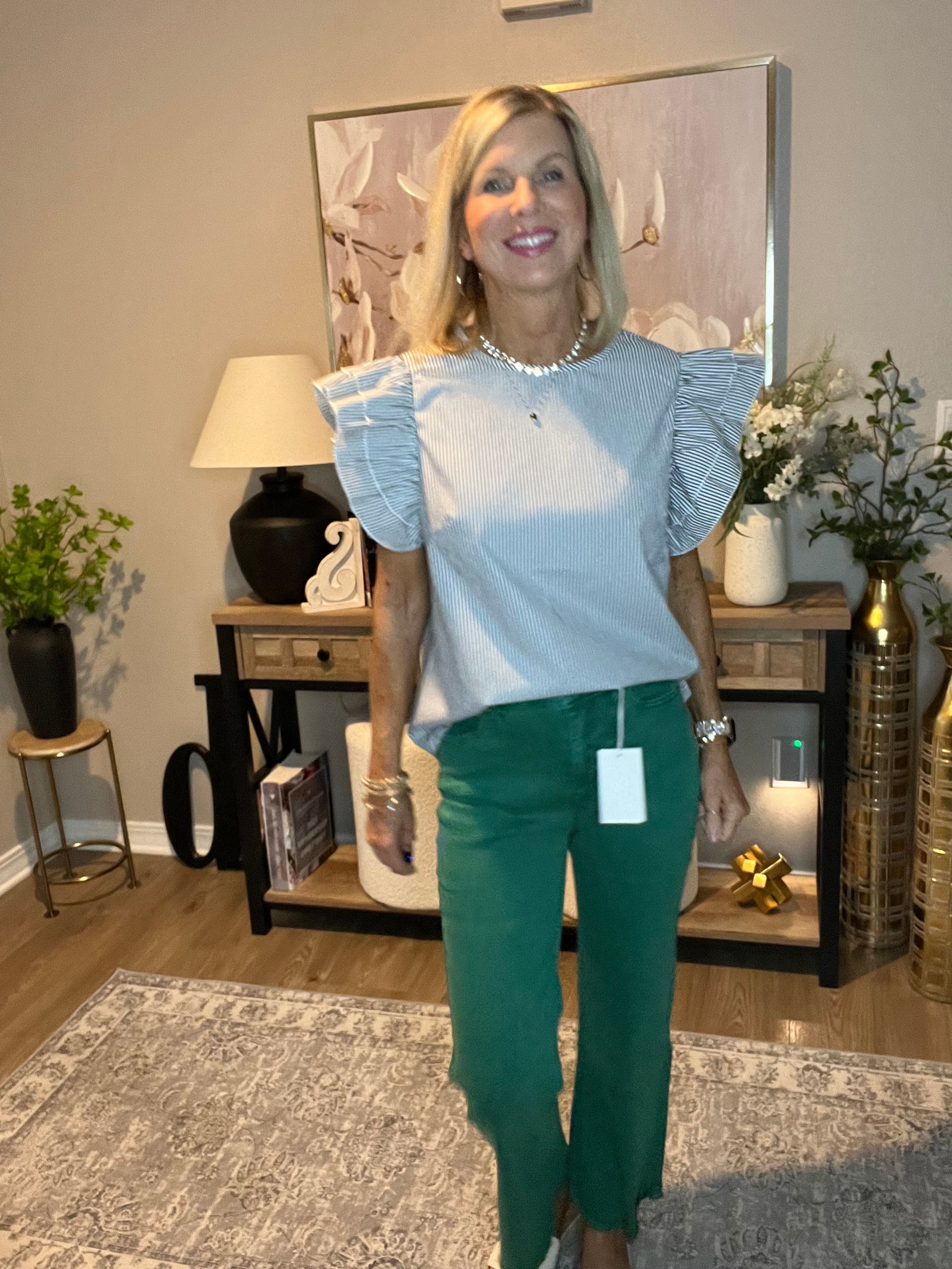 Round Neck Casual Ruffle Sleeve Striped Top