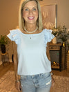 Gossamer Blue Textured Bow Knot Frilled Butterfly Sleeve Blouse