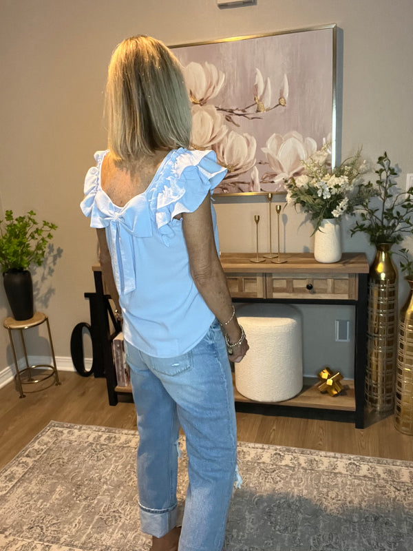 Gossamer Blue Textured Bow Knot Frilled Butterfly Sleeve Blouse
